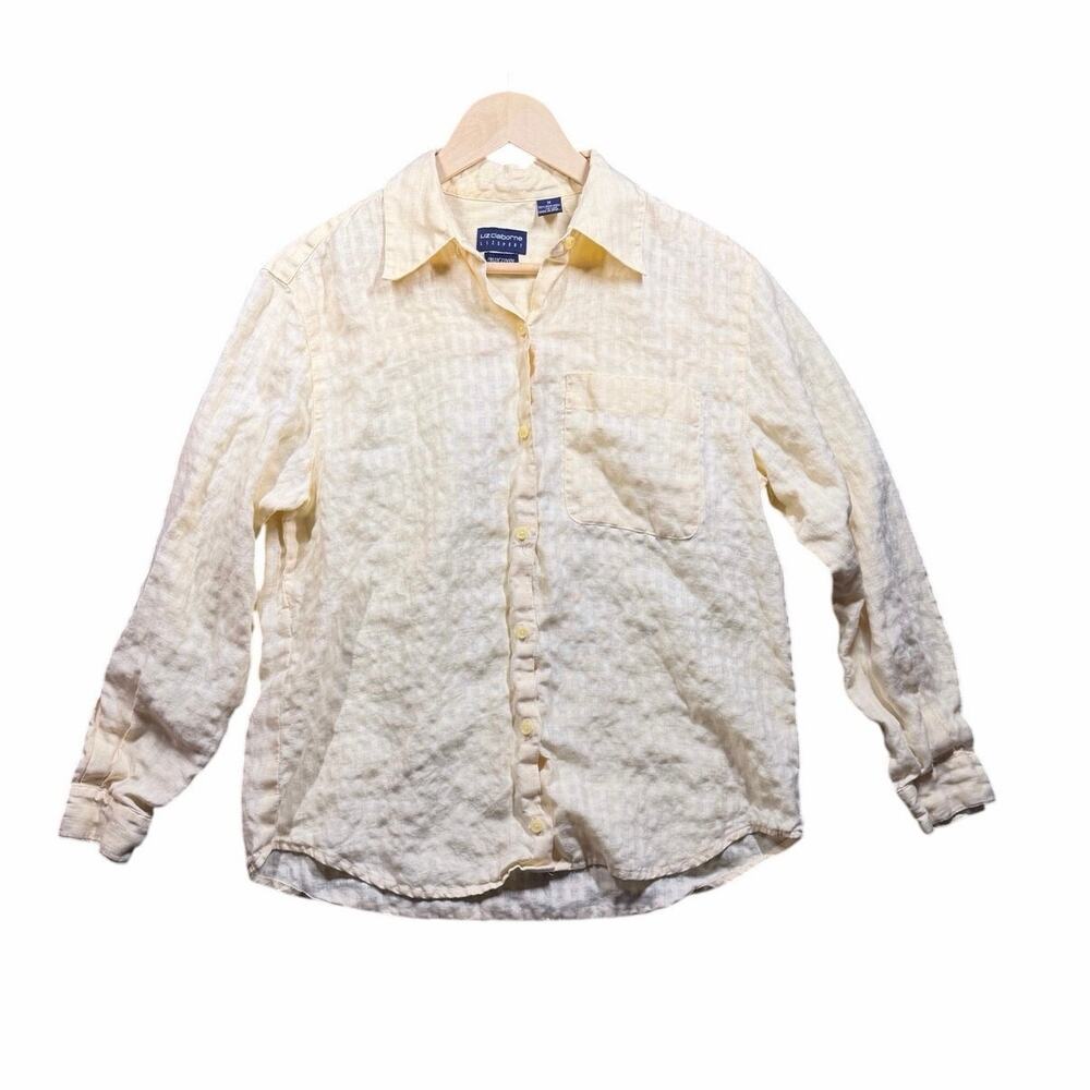 Liz Claiborne 100% Irish linen textured long sleeve button front yellow shirt M
